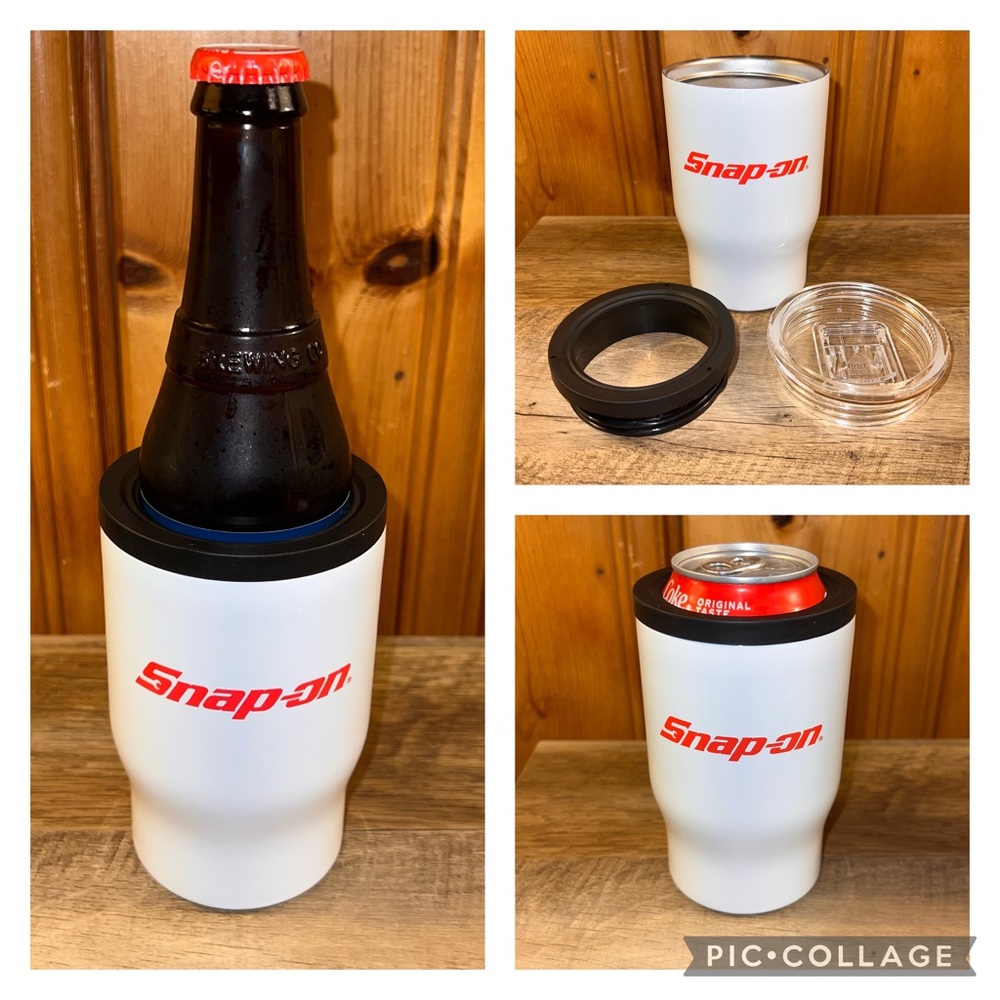 NEW Snap On Tools 3 In 1 White Travel Cup Mug W/Lid Beverage Can /Bottle Koozie
